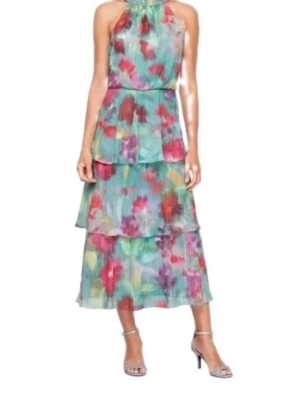 SL Fashions Women's Floral Halter-Neck Tiered Dress Size 14